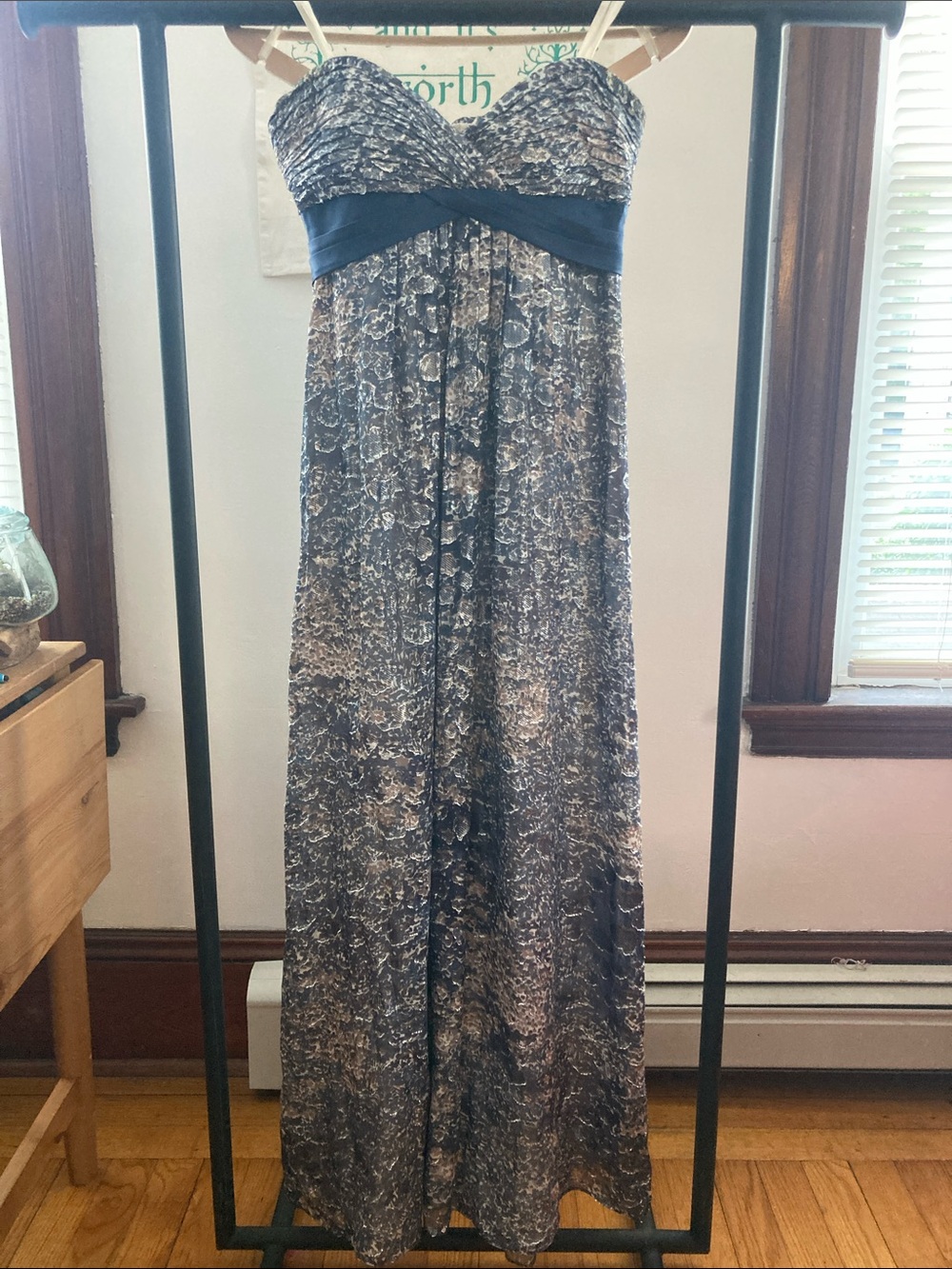 BCBGMaxAzria Blue and Gray Strapless Maxi Dress with Navy Waistband